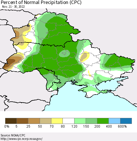 Ukraine, Moldova and Belarus Percent of Normal Precipitation (CPC) Thematic Map For 11/21/2022 - 11/30/2022