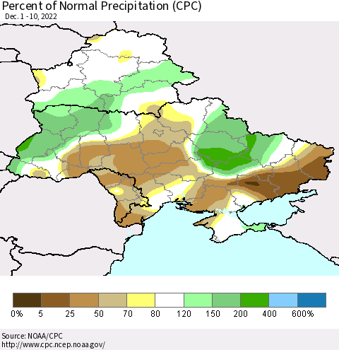 Ukraine, Moldova and Belarus Percent of Normal Precipitation (CPC) Thematic Map For 12/1/2022 - 12/10/2022