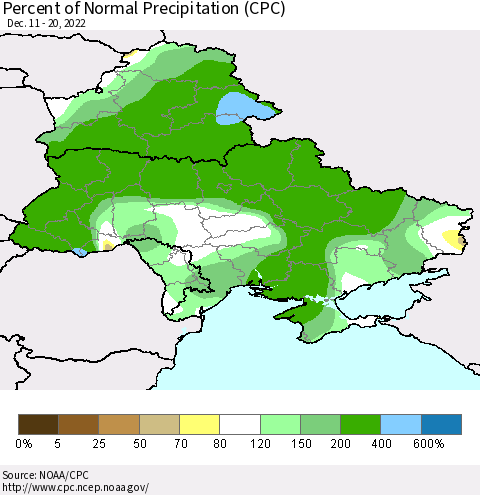 Ukraine, Moldova and Belarus Percent of Normal Precipitation (CPC) Thematic Map For 12/11/2022 - 12/20/2022
