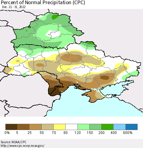 Ukraine, Moldova and Belarus Percent of Normal Precipitation (CPC) Thematic Map For 12/21/2022 - 12/31/2022
