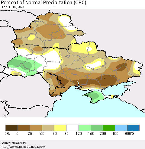 Ukraine, Moldova and Belarus Percent of Normal Precipitation (CPC) Thematic Map For 2/1/2023 - 2/10/2023