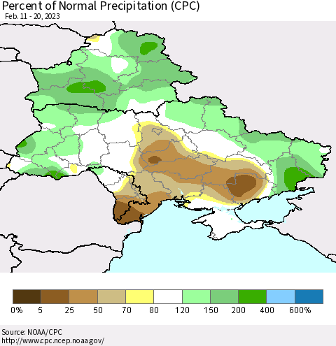 Ukraine, Moldova and Belarus Percent of Normal Precipitation (CPC) Thematic Map For 2/11/2023 - 2/20/2023
