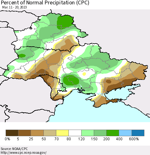 Ukraine, Moldova and Belarus Percent of Normal Precipitation (CPC) Thematic Map For 3/11/2023 - 3/20/2023