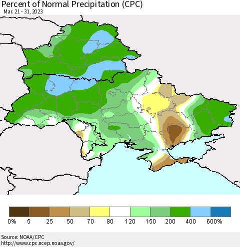 Ukraine, Moldova and Belarus Percent of Normal Precipitation (CPC) Thematic Map For 3/21/2023 - 3/31/2023