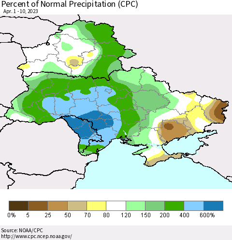 Ukraine, Moldova and Belarus Percent of Normal Precipitation (CPC) Thematic Map For 4/1/2023 - 4/10/2023