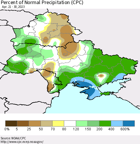 Ukraine, Moldova and Belarus Percent of Normal Precipitation (CPC) Thematic Map For 4/21/2023 - 4/30/2023