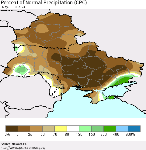 Ukraine, Moldova and Belarus Percent of Normal Precipitation (CPC) Thematic Map For 5/1/2023 - 5/10/2023