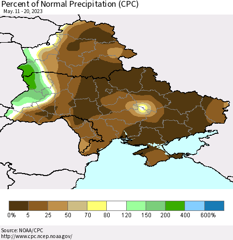 Ukraine, Moldova and Belarus Percent of Normal Precipitation (CPC) Thematic Map For 5/11/2023 - 5/20/2023