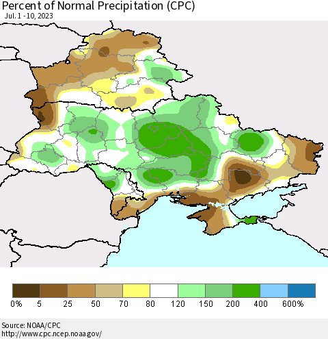 Ukraine, Moldova and Belarus Percent of Normal Precipitation (CPC) Thematic Map For 7/1/2023 - 7/10/2023