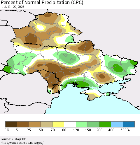 Ukraine, Moldova and Belarus Percent of Normal Precipitation (CPC) Thematic Map For 7/11/2023 - 7/20/2023