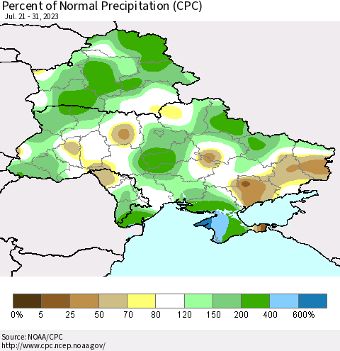 Ukraine, Moldova and Belarus Percent of Normal Precipitation (CPC) Thematic Map For 7/21/2023 - 7/31/2023