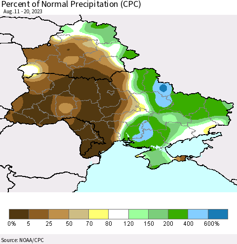 Ukraine, Moldova and Belarus Percent of Normal Precipitation (CPC) Thematic Map For 8/11/2023 - 8/20/2023