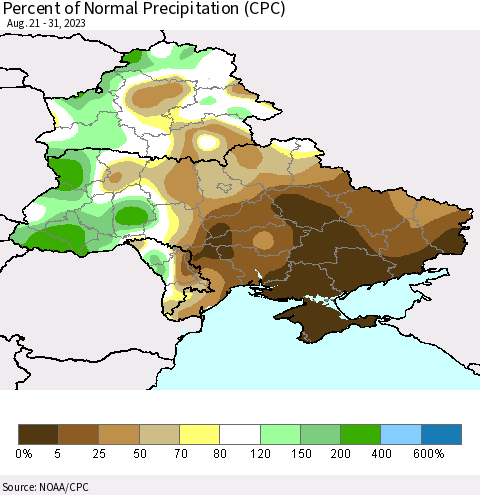 Ukraine, Moldova and Belarus Percent of Normal Precipitation (CPC) Thematic Map For 8/21/2023 - 8/31/2023