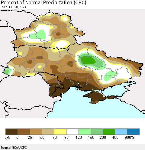 Ukraine, Moldova and Belarus Percent of Normal Precipitation (CPC) Thematic Map For 9/11/2023 - 9/20/2023