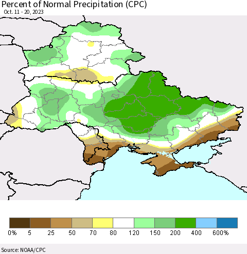 Ukraine, Moldova and Belarus Percent of Normal Precipitation (CPC) Thematic Map For 10/11/2023 - 10/20/2023