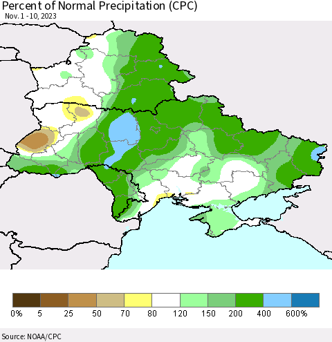 Ukraine, Moldova and Belarus Percent of Normal Precipitation (CPC) Thematic Map For 11/1/2023 - 11/10/2023