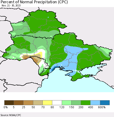 Ukraine, Moldova and Belarus Percent of Normal Precipitation (CPC) Thematic Map For 11/21/2023 - 11/30/2023