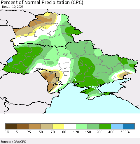 Ukraine, Moldova and Belarus Percent of Normal Precipitation (CPC) Thematic Map For 12/1/2023 - 12/10/2023