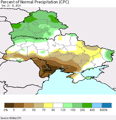 Ukraine, Moldova and Belarus Percent of Normal Precipitation (CPC) Thematic Map For 12/21/2023 - 12/31/2023