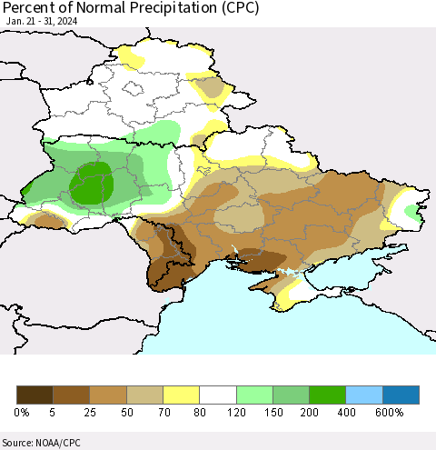 Ukraine, Moldova and Belarus Percent of Normal Precipitation (CPC) Thematic Map For 1/21/2024 - 1/31/2024