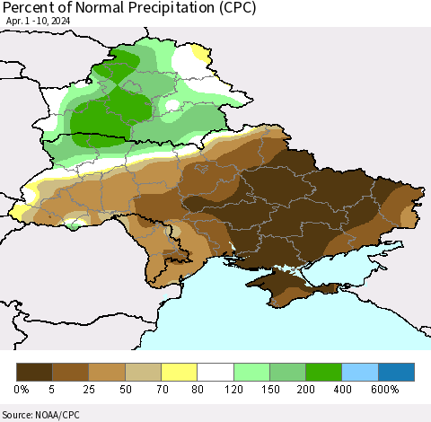 Ukraine, Moldova and Belarus Percent of Normal Precipitation (CPC) Thematic Map For 4/1/2024 - 4/10/2024