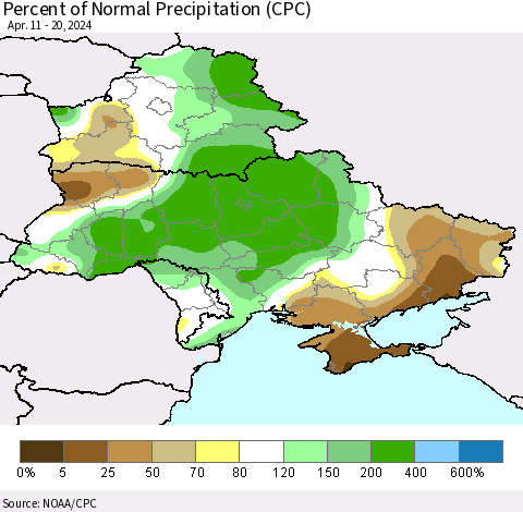 Ukraine, Moldova and Belarus Percent of Normal Precipitation (CPC) Thematic Map For 4/11/2024 - 4/20/2024