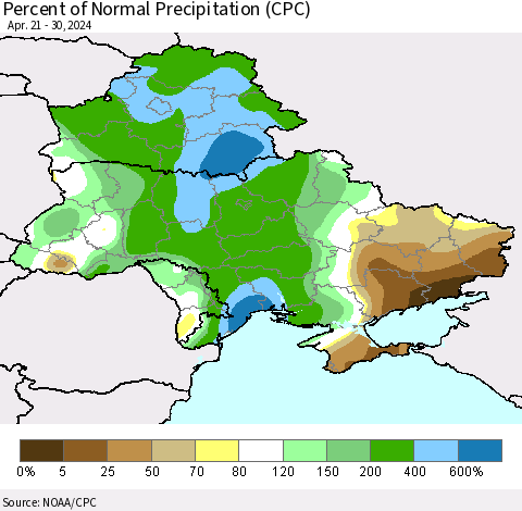 Ukraine, Moldova and Belarus Percent of Normal Precipitation (CPC) Thematic Map For 4/21/2024 - 4/30/2024