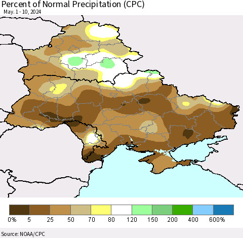 Ukraine, Moldova and Belarus Percent of Normal Precipitation (CPC) Thematic Map For 5/1/2024 - 5/10/2024