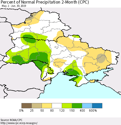 Ukraine, Moldova and Belarus Percent of Normal Precipitation 2-Month (CPC) Thematic Map For 5/1/2019 - 6/30/2019