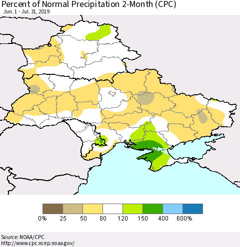 Ukraine, Moldova and Belarus Percent of Normal Precipitation 2-Month (CPC) Thematic Map For 6/1/2019 - 7/31/2019