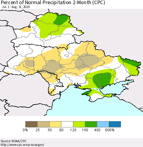 Ukraine, Moldova and Belarus Percent of Normal Precipitation 2-Month (CPC) Thematic Map For 7/1/2019 - 8/31/2019