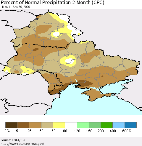 Ukraine, Moldova and Belarus Percent of Normal Precipitation 2-Month (CPC) Thematic Map For 3/1/2020 - 4/30/2020