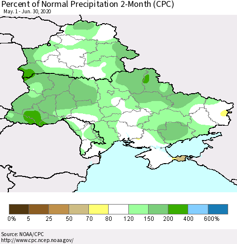 Ukraine, Moldova and Belarus Percent of Normal Precipitation 2-Month (CPC) Thematic Map For 5/1/2020 - 6/30/2020