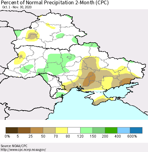 Ukraine, Moldova and Belarus Percent of Normal Precipitation 2-Month (CPC) Thematic Map For 10/1/2020 - 11/30/2020