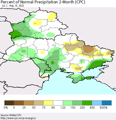 Ukraine, Moldova and Belarus Percent of Normal Precipitation 2-Month (CPC) Thematic Map For 7/1/2021 - 8/31/2021