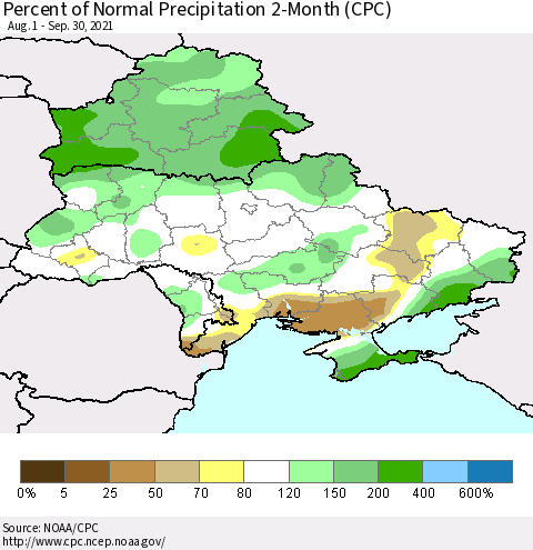 Ukraine, Moldova and Belarus Percent of Normal Precipitation 2-Month (CPC) Thematic Map For 8/1/2021 - 9/30/2021