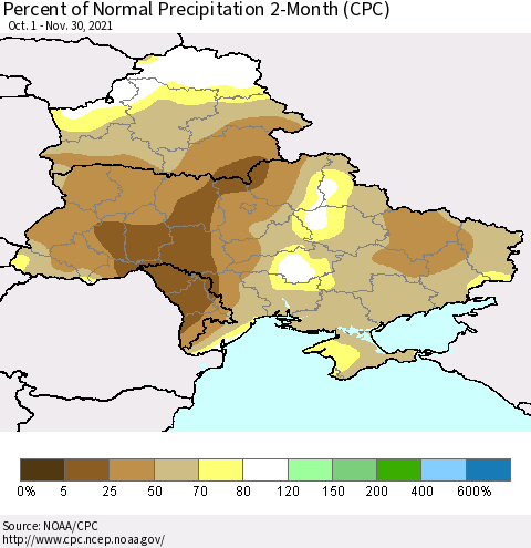 Ukraine, Moldova and Belarus Percent of Normal Precipitation 2-Month (CPC) Thematic Map For 10/1/2021 - 11/30/2021