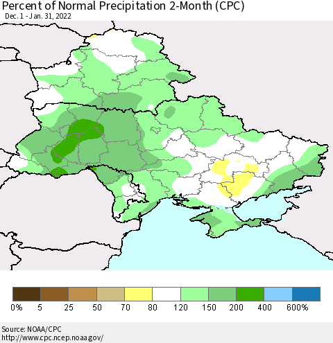 Ukraine, Moldova and Belarus Percent of Normal Precipitation 2-Month (CPC) Thematic Map For 12/1/2021 - 1/31/2022