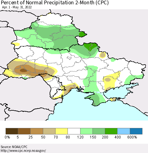 Ukraine, Moldova and Belarus Percent of Normal Precipitation 2-Month (CPC) Thematic Map For 4/1/2022 - 5/31/2022