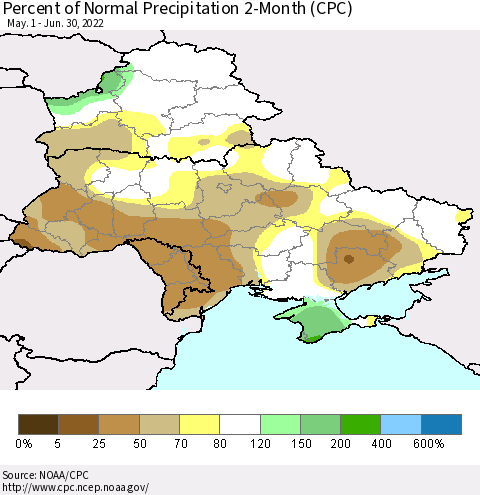 Ukraine, Moldova and Belarus Percent of Normal Precipitation 2-Month (CPC) Thematic Map For 5/1/2022 - 6/30/2022