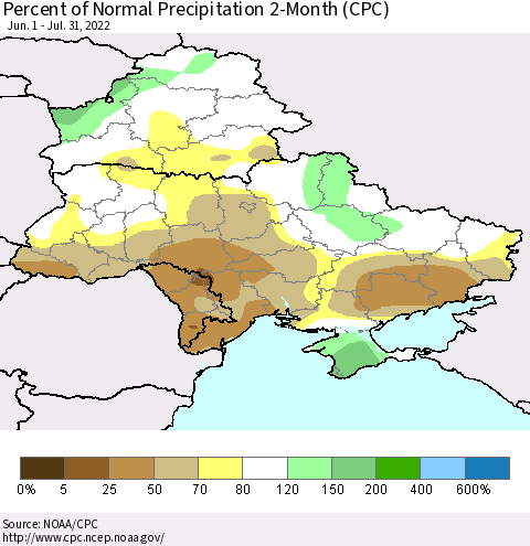 Ukraine, Moldova and Belarus Percent of Normal Precipitation 2-Month (CPC) Thematic Map For 6/1/2022 - 7/31/2022