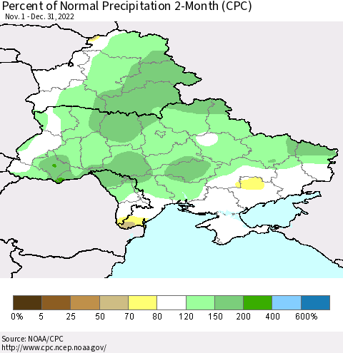 Ukraine, Moldova and Belarus Percent of Normal Precipitation 2-Month (CPC) Thematic Map For 11/1/2022 - 12/31/2022