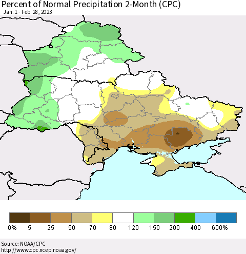 Ukraine, Moldova and Belarus Percent of Normal Precipitation 2-Month (CPC) Thematic Map For 1/1/2023 - 2/28/2023
