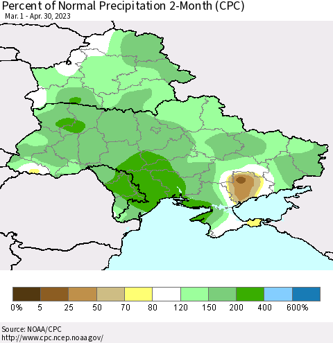 Ukraine, Moldova and Belarus Percent of Normal Precipitation 2-Month (CPC) Thematic Map For 3/1/2023 - 4/30/2023
