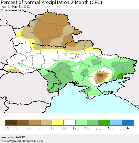 Ukraine, Moldova and Belarus Percent of Normal Precipitation 2-Month (CPC) Thematic Map For 4/1/2023 - 5/31/2023