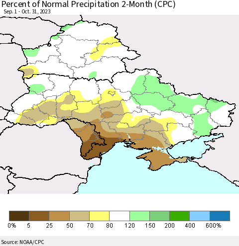 Ukraine, Moldova and Belarus Percent of Normal Precipitation 2-Month (CPC) Thematic Map For 9/1/2023 - 10/31/2023