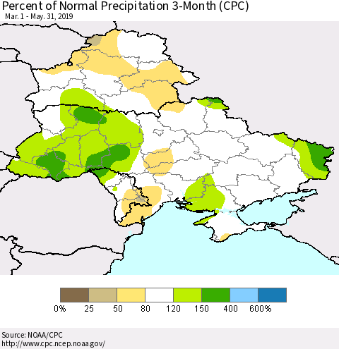 Ukraine, Moldova and Belarus Percent of Normal Precipitation 3-Month (CPC) Thematic Map For 3/1/2019 - 5/31/2019