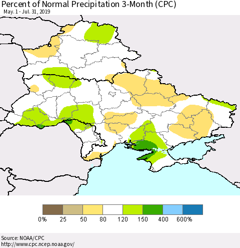 Ukraine, Moldova and Belarus Percent of Normal Precipitation 3-Month (CPC) Thematic Map For 5/1/2019 - 7/31/2019