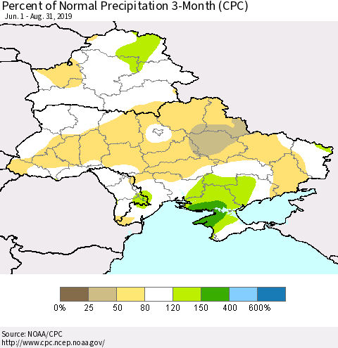 Ukraine, Moldova and Belarus Percent of Normal Precipitation 3-Month (CPC) Thematic Map For 6/1/2019 - 8/31/2019