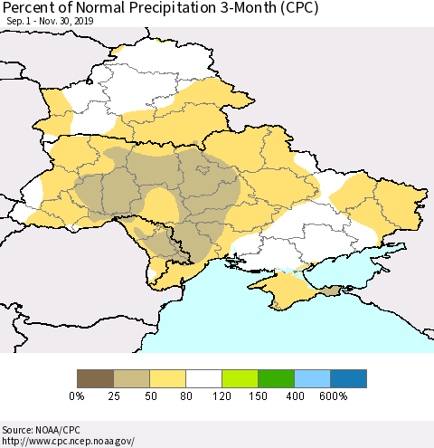 Ukraine, Moldova and Belarus Percent of Normal Precipitation 3-Month (CPC) Thematic Map For 9/1/2019 - 11/30/2019